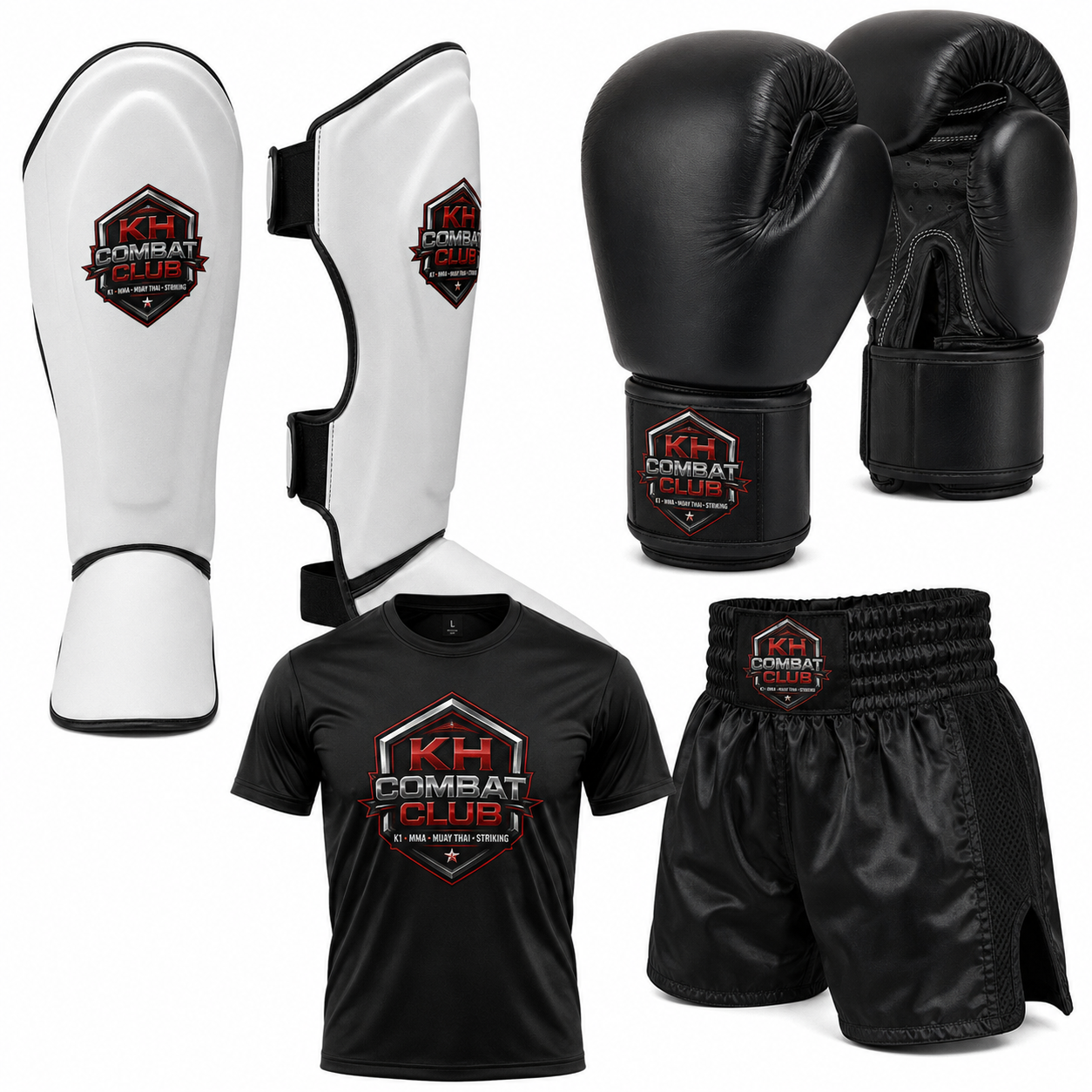 Starterset des KH Combat Club: Schienbein-Spannschutz, Boxhandschuhe, T-Shirt und Shorts mit Club-Logo